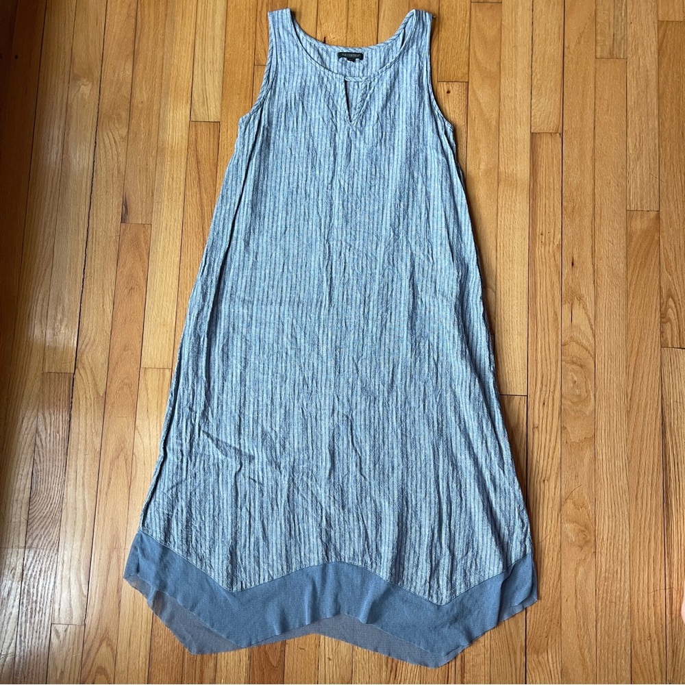 For Cynthia Sleeveless Linen Blend Midi Dress Blue Stripe Asymmetrical Hem